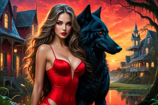 surreal painting, stunningly beautiful woman in skimpy red outfit, with long hair, plump lips, perfect amber eyes with a wolfish glow, perfect skin, perfect anatomy, hugging a huge black wolf, breathtaking beauty, in the background you can see houses in the swamps of New Orleans, mystical atmosphere, soft light, clarity, intricate details, dynamics, masterpiece, high quality, emotional impact, fantasy digital painting, concept art, fairy tale, fantasy,Movie Poster