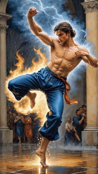 Italian dancer, Action, dynamic, under the rain, dancing_stance, fighting, dynamis angle, dynamic pose, wearing a blue pant, black theme, (((light skin))), (masterpiece, best quality), serious, huge fire torch, hyper realistic fine tuned medieval style, inspiration Michelangelo bonarroti, Milo Manara