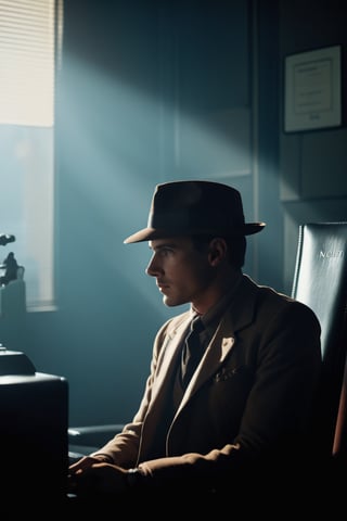 {{cinematic photo A mysterious man wearing a hat resembling a mystery movie from the noir period in cinema, sitting next to a window in an office. . 35mm photograph, film, bokeh, professional, 4k, highly detailed