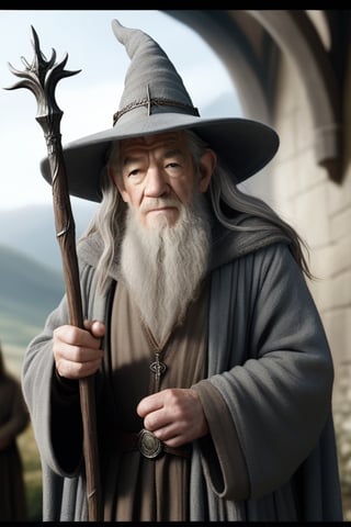 Ian McKellen,A wise and weathered Gandalf the Grey was sent to Middle-earth to help its inhabitants resist Sauron's growing power, holding a long staff and wearing a pointy weathered hat staring out at the Shire, Depth of field,High Light,real light,ray traced,OC Renderer,UE5 Renderer,Hyper-realistic,best-Quality, 8K,works of masters, correct anatomy, Game of Thrones, Renaissance Fantasy, more detail XL, More Detail, --ar 9:16,More Detail,Movie Still