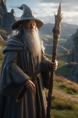 Ian McKellen,A wise and weathered Gandalf the Grey was sent to Middle-earth to help its inhabitants resist Sauron's growing power, holding a long staff and wearing a pointy weathered hat staring out at the Shire, Depth of field,High Light,real light,ray traced,OC Renderer,UE5 Renderer,Hyper-realistic,best-Quality, 8K,works of masters, correct anatomy, Game of Thrones, Renaissance Fantasy, more detail XL, More Detail, --ar 9:16,More Detail,Movie Still,Renaissance Sci-Fi Fantasy