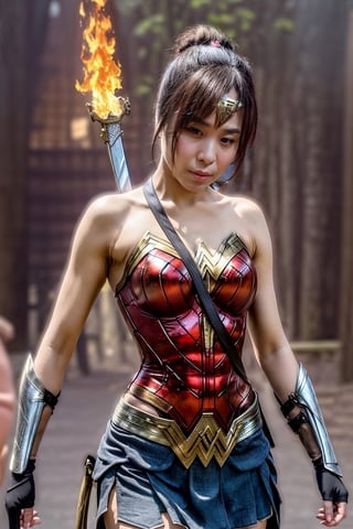 (masterpiece,best quality,ultra-detailed,8K,intricate, realistic),girl in battle with monster,swinging her sword,fire elemental magic,flame  background,black ponytail,upper body,cinematic lighting,wonder_woman,kwon-nara,Peggy