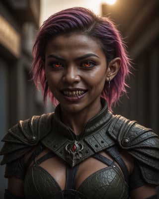 detailed cinematic photo of a Japanese-Persian-Brazilian spec-ops navy SEAL (vampire elf:1.3) woman with dark skin, bright pink_eyes, vampire fangs, and (undercut buzz cut green_hair). She has a hard sharp jawline and a narrow chin. She is extremely muscular with a (thick muscular neck:1.3). She wears full camo gear with kevlar shoulder armor. She has symmetrical features and a smug vampiric (fangs) smile. The golden magenta sunrise highlights her with impeccable (cinematic backlighting) as it burns away the morning mist. pupils, dilated pupils, bright clear eyes, remarkable detailed pupils, detailed face, detailed eyes, detailed nose, detailed lips, detailed teeth, skin fuzz, goosebumps, natural skin texture. cinematic scene, dramatic lighting, hyperdetailed photography, soft light, full body portrait, cover. shot on ARRIFLEX 35 BL Camera, Canon K75 Prime Lenses.
