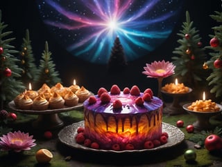 (foodtography, 16k photo of a delicious glowing cake, a glowing radiant cosmic plasma aurora galaxy berry cake with fantastic icing:1.3), plasma cake, aw0k magnstyle, dramatic lighting, 3 point lighting, flash with softbox, cinematic colors, Leica SL-2 200mm f/2.8, realism, photo, hyperrealistic, film grain, Neutral-Density-Filter, deep Focus, rule of thirds, chiaroscuro, golden ratio, intricate detail, flawless clarity, cinema quality, RAW image, BREAK
(the cake rests on an arcane crystal tray:1.22), in a in a field of psychedelic flowers, christmas theme, majestic radiant Yggdrasil christmas trees, warm peaceful atmosphere,