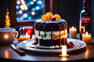 foodtography, Delicious glowing galaxy cake on a dining table in the kitchen, comfortable light ,romantic light, gel lighting, Cinematic,dramatic lighting, 3 point lighting, flash with softbox, cinematic colors; hyper-above, Leica SL-2 120mm f/2.8, realism, photo, hyperrealistic, natural skin texture, film grain, Neutral-Density-Filter, deep Focus, cinema quality, RAW image, christmas theme
