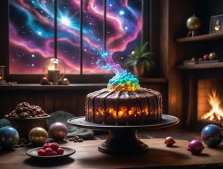 (foodtography, a delicious glowing cake, a glowing cosmic nebula galaxy cake with arcane icing:1.3), cinematic still shot, a radiant cosmic plasma aurora nebula galaxy cake on an antique coffee table in a cozy mystical living room, internal gel lighting inside cake, fully frosted nebula berry cake, dramatic lighting, 3 point lighting, flash with softbox, cinematic colors, Leica SL-2 120mm f/2.8, realism, photo, hyperrealistic, film grain, Neutral-Density-Filter, deep Focus, cinema quality, RAW image, christmas theme, christmas tree, radiant cosmic plasma aurora nebula galaxy swirling around inside the warm fireplace, cozy atmosphere,aw0k magnstyle