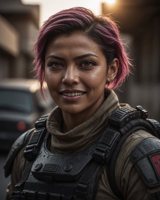 detailed cinematic photo of a Japanese-Persian-Brazilian spec-ops navy SEAL woman with dark skin, bright pink_eyes, and undercut buzz cut green_hair. She has a hard sharp jawline and a narrow chin. She is extremely muscular with a (thick muscular neck:1.3). She wears full camo gear with kevlar shoulder armoor. She has symmetrical features and a smug vampiric smile. The golden magenta sunrise highlights her with impeccable (cinematic backlighting) as it burns away the morning mist. pupils, dilated pupils, bright clear eyes, remarkable detailed pupils, detailed face, detailed eyes, detailed nose, detailed lips, detailed teeth, skin fuzz, goosebumps, natural skin texture. cinematic scene, dramatic lighting, hyperdetailed photography, soft light, full body portrait, cover. shot on ARRIFLEX 35 BL Camera, Canon K75 Prime Lenses.