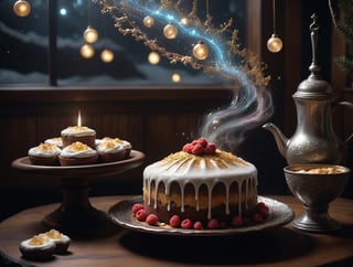 (foodtography, epic dynamic 16k photo of a delicious glowing cake, a glowing radiant cosmic plasma aurora galaxy berry_filling cake with fantastic icing and internal gel lighting:1.3), cinematic still shot, extraordinary detail, BREAK the cake rests on an silver tray embossed with golden arcane symbols, on top of an (antique dark hardwood coffee table with gorgeous wood grain:1.22), in a cozy living room, christmas theme, christmas tree, warm fireplace, cozy atmosphere, radiant cosmic plasma aurora nebula galaxy swirling around outside the (arched windows:1.33), mystical futuristic sci-fi spaceship living room, BREAK an open arcane crystal [bottle|volumetric potion flask] of steaming hot chocolate sits beside the cake, aw0k magnstyle, dramatic lighting, 3 point lighting, flash with softbox, cinematic colors, Leica SL-2 200mm f/2.8, realism, photo, hyperrealistic, film grain, Neutral-Density-Filter, deep Focus, rule of thirds, chiaroscuro, golden ratio, intricate detail, flawless clarity, cinema quality, RAW image