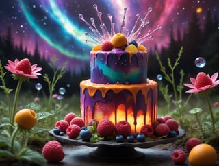 (80s gritty comic book style:1.5), (a delicious glowing cake, a glowing radiant cosmic plasma aurora galaxy berry cake with fantastic icing:1.3), plasma cake, aw0k magnstyle, 
(the cake rests on an arcane crystal tray:1.22), in a in a field of psychedelic flowers, christmas theme, majestic radiant Yggdrasil christmas trees, warm peaceful atmosphere,