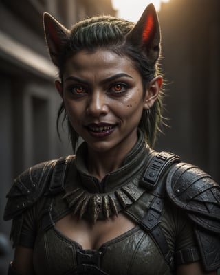 detailed cinematic photo of a Japanese-Persian-Brazilian spec-ops ((navy SEAL)) (vampire elf:1.3) woman with dark skin, bright red_eyes, (canine fangs:1.3), elf ears, and (undercut buzz cut green_hair). She has a hard sharp jawline and a narrow chin. She is extremely muscular with a (thick muscular neck:1.3). She wears full camo gear with kevlar shoulder armor. She has symmetrical features and a smug vampiric (fangs) smile. The golden magenta sunrise highlights her with impeccable (cinematic backlighting) as it burns away the morning mist. pupils, dilated pupils, bright clear eyes, remarkable detailed pupils, detailed face, detailed eyes, detailed nose, detailed lips, detailed teeth, skin fuzz, goosebumps, natural skin texture. cinematic scene, dramatic lighting, hyperdetailed photography, soft light, full body portrait, cover. shot on ARRIFLEX 35 BL Camera, Canon K75 Prime Lenses.
