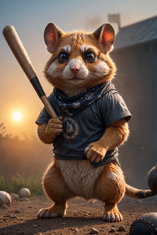 A battle hamster wielding a baseball bat. He has one eye and a bandana eye patch. The morning sunrise highlights him with impeccable (cinematic backlighting) as it burns away the morning mist. perfectly drawn hands, cinematic scene, dramatic lighting, hyperdetailed photography, soft light, full body portrait, cover. shot on Blackmagic Pocket Cinema Camera 6K Pro and a Sigma Cine Prime 35mm f/1.4 lens (f/4.0, moderate ISO)