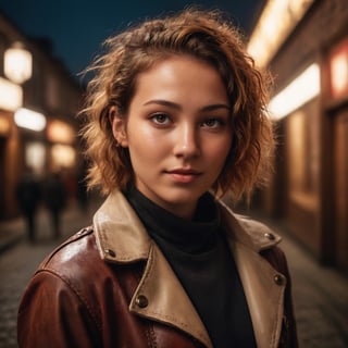 candid 8k photo of 23 y.o Tala in ivory and leather medieval travel clothes, (squarely facing the camera:1.3), cinematic still shot, tan skin, (smile:1.2), cozy, medium upper body shot, Provocative, (sweat), (wet body), (leather jacket:1.1), depth of field, (gorgeous:1.2), mystical grove, detailed face, dark theme, Night, soothing tones, muted colors, high contrast, (natural skin texture, hyperrealism, soft light, sharp), (freckles:0.4), (acne:0.1), intricate golden arcane tattoos, (messy hair:0.1), red_eyes, remarkable detailed pupils, dramatic lighting, 3 point lighting, flash with softbox, cinematic colors; hyper-above, Leica SL-2 45mm f/2.8,  realism, photo, realistic skin, film grain, 16k, Neutral-Density-Filter, deep Focus, cinema quality, RAW image, perfecteyes, perfect eyes, upturned eyes, hyperdetailed iris,aw0k magnstyle