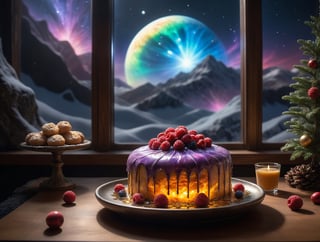 (foodtography, 16k photo of a delicious glowing cake, a glowing radiant cosmic plasma aurora galaxy berry cake with fantastic icing:1.3), aw0k magnstyle, dramatic lighting, 3 point lighting, flash with softbox, cinematic colors, Leica SL-2 200mm f/2.8, realism, photo, hyperrealistic, film grain, Neutral-Density-Filter, deep Focus, rule of thirds, chiaroscuro, golden ratio, intricate detail, flawless clarity, cinema quality, RAW image, BREAK
the cake rests on an arcane crystal tray on top of a  futuristic futuristic sci-fi magipunk coffee table:1.22), in a cozy living room, christmas theme, christmas tree, warm fireplace, cozy atmosphere, (arched windows:1.33), mystical futuristic sci-fi spaceship living room, BREAK an open arcane crystal [bottle|volumetric potion flask] of liquid gold brandy sits beside the cake, 