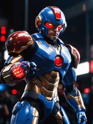 candid 16k photo of Mega Man X dashing in to save the day, his armor is blue and grey and white with red_lights plus black and gold details, dramatic lighting, cinematic colors, cinema quality, aw0k magnstyle