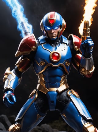 candid 16k photo of Mega Man X dashing in to save the day, his armor is blue and grey and white with red_lights plus black details and arcane celtic gold trim, he is priming his X-Buster arm cannon to fire, dramatic lighting, cinematic colors, cinema quality, aw0k magnstyle