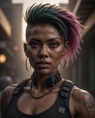 detailed cinematic photo of a beautiful Japanese-Persian-Brazilian goth cyberpunk woman with dark skin, pink_eyes, and undercut faux-hawk green_hair. SHe is extremely muscular, with a thick muscular neck. The golden magenta sunrise highlights her with impeccable (cinematic backlighting) as it burns away the morning mist. pupils, dilated pupils, bright clear eyes, remarkable detailed pupils, detailed face, detailed eyes, detailed nose, detailed lips, detailed teeth, skin fuzz, goosebumps, natural skin texture. cinematic scene, dramatic lighting, hyperdetailed photography, soft light, full body portrait, cover. shot on ARRIFLEX 35 BL Camera, Canon K75 Prime Lenses.