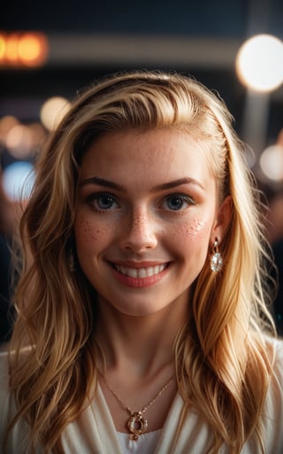 score_9,score_8_up,score_7_up,photorealistic, photography,woman,18yo,looking at viewer,blonde hair,brown hair,jewelry,earrings,grin,portrait,freckles,realistic,bokeh, Nikon D850 DSLR, 80mm prime lens, high key photography, cinematic scene, cinema quality