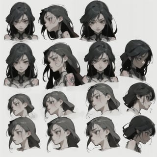 all body,Charactersheet,Girl with long hair,Multiple poss and expressions,Highly detailed,Depth,Many parts, multiple views,YakuzaTattoo,edgGesugao,1 girl