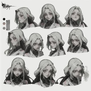 Charactersheet,Girl with long hair,Multiple poss and expressions,Highly detailed,Depth,Many parts, multiple views,YakuzaTattoo,edgGesugao