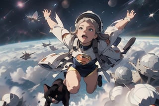 a beautiful girl and a cat flying in the sky like Superman with a space helmet on its head,Pusheen,superwoman (mary batson),felicia_blackcat_aiwaifu,DonMC3l3st14l3xpl0r3rsXL,LODBG