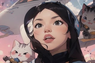 a beautiful girl and a cat flying in the sky like Superman with a space helmet on its head,Pusheen,superwoman (mary batson),felicia_blackcat_aiwaifu,DonMC3l3st14l3xpl0r3rsXL,LODBG
