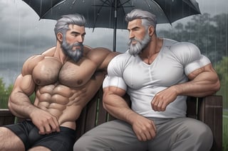 2men, Body builder man, hyper muscular, handsome, beard, grey hair, middle age, sitting, rainy day, zoom out