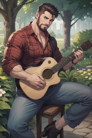 (1man),sitting, body building, muscular man, manly,  Muscular,muscular,best quality, plaid shirt, Sexy Muscular, playing folk guitar, garden background , long pants