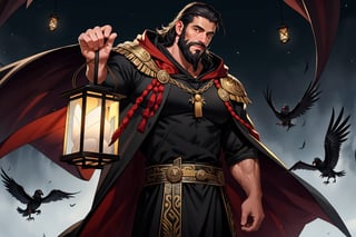 Realistic,  high quality,  sharp focus, Body builder man, 40 years old, American face, handsome with beard , shy face,  big eyes, oversized huge arms,  oversized huge shoulders, huge thigh , oversized huge juicy boobs, dark magic cloak,costume, huge black feathers wing at the back, floating lanterns background, midnight 

