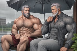 2men, Body builder man, hyper muscular, handsome, beard, grey hair, middle age, sitting, rainy day, zoom out