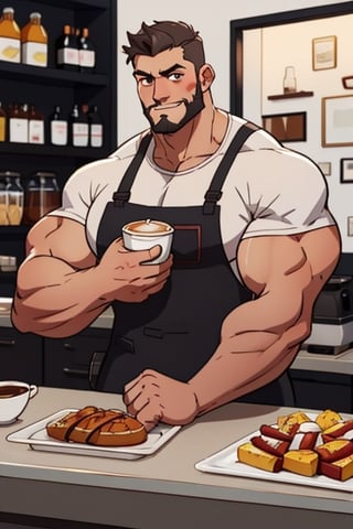 (best Quality), (Masterpiece), arafed, an illustration of a grown man, (mature_male), light_brown skin, (bara), rugged, muscular_pecs , thick forearms, solo, facial hair, short hair, manly, solo, broad shoulders, slight smile, gray_hair, dyed_hair,(1man),muscular, brown eyes , barista, coffee ,Mukbang