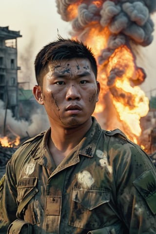 asian [batllefield] photo of a [27 yo man],fat body, round face, [professional soldier], [camouflage uniform], [defensive position], [smoke and explosions], [european setting], [late afternoon dusk lighting], [high camera angle], [long zoom lens medium format camera], in the style of [Apocalypse Now],detailmaster2,Explosion Artstyle