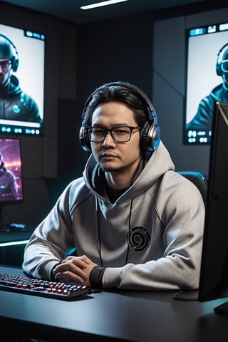 A physically 30 year character sitting onthe table wearing hoodie and headset, wearing glasses, face is not showing it is covered under hoodie, it is a gaming room, sitting straight seeing front , a long standing mic on the table, a very high quality futuristic PC behind the scene with a large screen, laptop in front of the character on the table,cip4rf