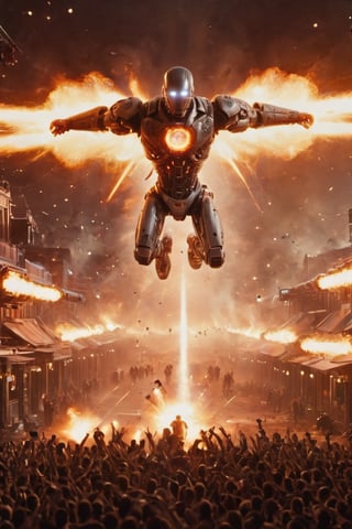 cybord,((masterpiece, best quality)),photo, a two robot flying in front of a run crowd of people, war, shoots lasers from the chest, night blury a running crowd people on background, bokeh lens, detailmaster2,robot,detailmaster2,HellAI,Movie Still,Explosion Artstyle