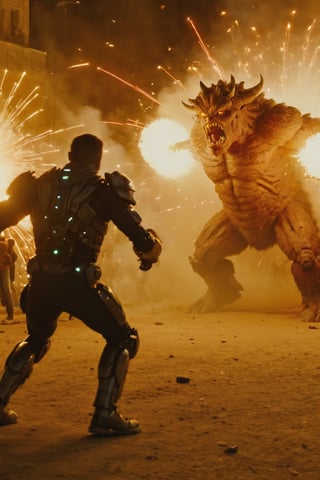monster,((masterpiece, best quality)),photo, a two monsters duel in front of a run crowd of people, war, shoots lasers from the chest, night blury a running crowd people on background, bokeh lens, detailmaster2,robot,detailmaster2,HellAI,Movie Still,Explosion Artstyle,biopunk style,biopunk