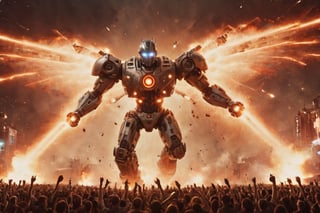 cybord,((masterpiece, best quality)),photo, a two robot flying in front of a crowd of people, war, shoots lasers from the chest, nigh blury a crowd people on background, bokeh lens, detailmaster2,robot,detailmaster2,HellAI,Movie Still,Explosion Artstyle