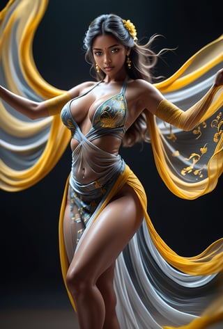 full body portrait of a 18 yo  beautiful indian shy beauty 💃 dancer,  draped in sheer ethereal fabrics in slow motion swirling around her body, looking at audience, gigentic boobs and clevage underneath sheer ethereal fabric that swirling around her body is captured in motion blur, sharp focus on eyes and cleavage,wearing erotic yellow  gray colours of darkness  as sheer ethereal exotics dance posturing , sexy see through erotic dance in action, beautiful thighs and tiny waist in erotic perspectives dinamicmotion capture of dynamic dancing poses in action, shots from  sideways and backsides , eye contact, defocused dark blank backround, ultra hd, realistic, vivid colors, highly detailed, UHD drawing, pen and ink, perfect composition, beautiful detailed intricate insanely detailed octane render trending on artstation, 8k artistic photography, photorealistic concept art, soft natural volumetric cinematic perfect light,girl,breasts,see-through kimono,perfect  composition, perfect lighting of ultimate cinematic style,