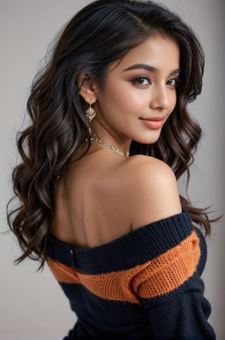 Generate realistic image of a most beautiful dark-skinned  Indian girl 16 yo  with gigantic breasts and deep cleavage, beautiful oval face, beautiful large black eyes, beautiful lips 👄, darkish healthy flawless skin,multicoloured hair,diamond  necklace, her hourglass silhouette emphasized by the soft draping of an off-shoulder orange and black sweater. With her long black hair cascading down her back, she gazes directly at the viewer with a captivating smile, her lips parting slightly in a subtle expression of warmth. intricate  high face detail,The sleeves of her sweater extend past her wrists, adding an elegant touch to her appearance and accentuating her graceful demeanor. blank no background , intricate details and high resolution 