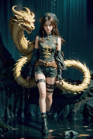 (masterpiece, top quality, best quality, official art, beautiful and aesthetic:1.2), (1girl:1.3), (a golden chinese dragon and a teenager girl), girl with brown hair, full body dragon and surrounded the girl, heterochromia, SharpEyess ,top hat, short shorts, mismatched gloves, thigh strap,  fantasy background, water,demonictech