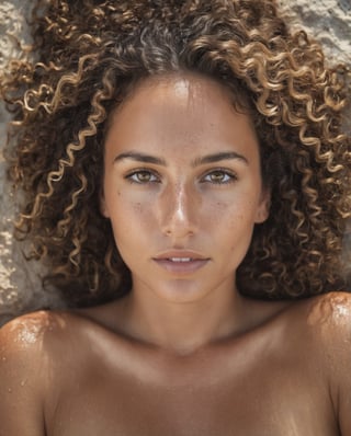 hyperdetailed, shot macro, clouse up photo aerial view, approach face of woman model, curly hair, floating lying in a cenote tulum, natural light with shadows of a tree, without out clothing, photographed with canon f 1.8 raw style, details, grains, acne, big pores, wet hair, tired eyes, scars on the skin, tanned, small teeth.