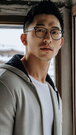 masterpiece, 1 Man, Handsome, Taiwanese ,Look at me, Brown eyes, Short hair, Oil head, glasses,bare,narrow face,Stubble, 30 years old, indoors, in a bedroom, outside of the window is a street full of snow,snow, textured skin, super detail, best quality