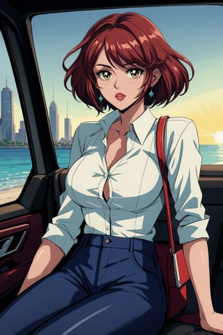 masterpiece, best quality, eighties, aesthetic, best shadow, detailed background, close up, alone, car, indoors, car seat, steering wheel on foreground, in front of the viewer, sitting, pyradef, 30 years old, earrings, shirt, shirt with beach pattern, slightly unbuttoned, sunglasses, short_pants, holding, telephone, parted lips, sundown on the background, [clear sky], city on background, looking at viewer