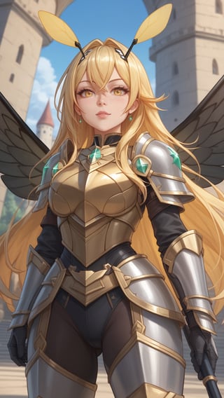 score_9,score_8_up,score_7_up,score_6_up, bottom view, close up, bee castle on background, big gate, [mythra \(xenoblade\):0.7], (bee wings:1.5), 1girl, yellow eyes, bee antennas, swept bangs, long hair, very long hair, blonde hair, spear, sunny, looking at viewer