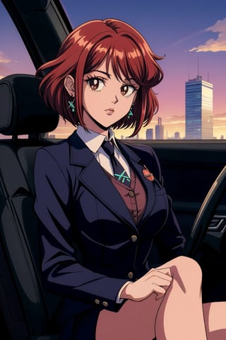 masterpiece, best quality, eighties, aesthetic, best shadow, detailed background, alone, car, indoors, in front of viewer, sitting, pyradef, earrings, blazer with buttons, shirt, collar, striped tie, (driving:1.2), wheel, sundown (backgrond, clear sky), city(backgrond), looking at viewer