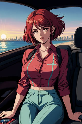 masterpiece, best quality, eighties, aesthetic, best shadow, natural shadow, detailed background, close up, alone, car, indoors, car seat, in front of the viewer, sitting, pyradef, 30 years old, earrings, shirt, shirt with beach pattern, slightly unbuttoned, sunglasses, short_pants, holding, telephone, parted lips, sundown on the background, [clear sky], city on background, looking at viewer
