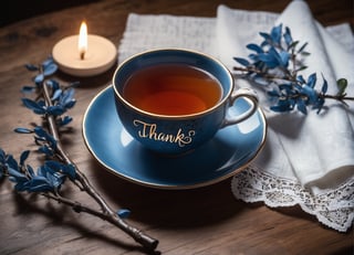aesthetic, ((close up)), (tea bush branches:1.4), blue bush, [ancient atmosphere], cup, branches, napkin, ((text "Thanks for 3K likes":1.8)), text on napkin, table in grond, evening