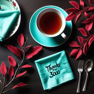 view from above, (close up:1.4), night, table, (tea bush branches:1.3), red bush leafs, [glowing leafs:0.8], cyan cup, saucer, napkin, teaspoon, (((Text "Thanks for 3000 likes !"(napkin):1.8))), Text