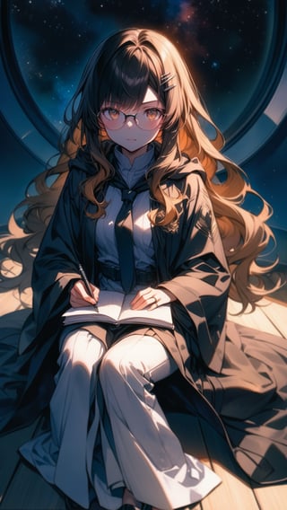 masterpiece, best quality, aesthetic, watercolor \(medium\), best shadow, detailed background, alone, 1 girl, 30 years old, stargazer, beautiful eyes, ultra long hair, beige hair, space style hair clip, glasses, (robe of darkness:1.2), medium length robe, tie, emblem, small ring, notebook(medium), sitting, making notes, looking at viewer, observatory, serious expression, (deep night:1.2)