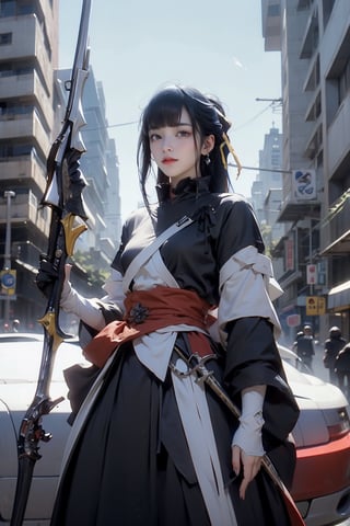 female, ((masterpiece, best quality, ultra detailed, absurdres),
heterochromia , scythe,narberal gamma, miko, gun, weapon,Cyberpunk,shogun