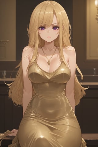 score_9, score_8_up, score_7_up, source_anime BREAK, 1girl, solo, purple eyes, arms behind back, blonde hair, gold dress, necklace