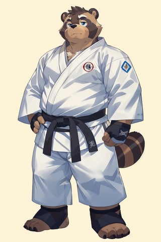 ((1boy, solo, tanuki), serious look), (chubby stocky:1.0), ((white karate gi)), barefoot, ((long pants)), (bara:1.4), buzz_cut, full body shot, ((cool, cute, awesome)), (blue fingerless gloves), (chubby_face:0.8), Male focus, best quality, masterpiece, (ankle braces:1.4)